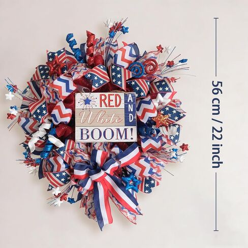 Idyllic 24 Inch Patriotic Wreath, Red White Blue 4th of July Wreath with Ribbon Bow & Wooden Sign for Front Door, Memorial Day Veterans Day Decor in Kuwait