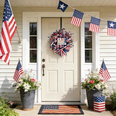Idyllic 24 Inch Patriotic Wreath, Red White Blue 4th of July Wreath with Ribbon Bow & Wooden Sign for Front Door, Memorial Day Veterans Day Decor in Kuwait