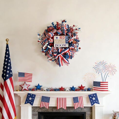 Idyllic 24 Inch Patriotic Wreath, Red White Blue 4th of July Wreath with Ribbon Bow & Wooden Sign for Front Door, Memorial Day Veterans Day Decor in Kuwait