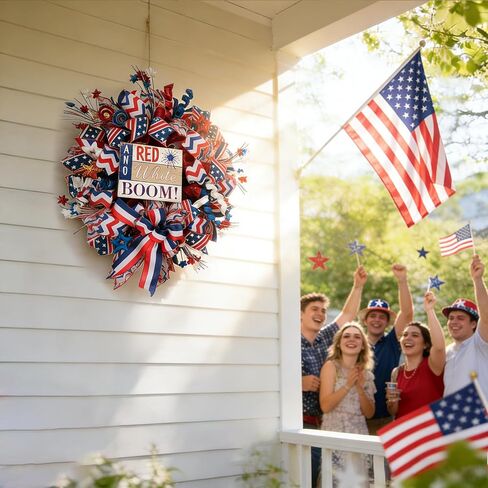 Idyllic 24 Inch Patriotic Wreath, Red White Blue 4th of July Wreath with Ribbon Bow & Wooden Sign for Front Door, Memorial Day Veterans Day Decor in Kuwait