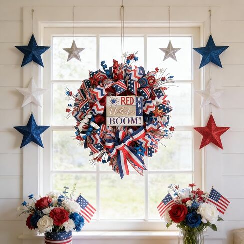 Idyllic 24 Inch Patriotic Wreath, Red White Blue 4th of July Wreath with Ribbon Bow & Wooden Sign for Front Door, Memorial Day Veterans Day Decor in Kuwait