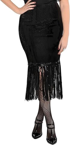 Black Flapper Sequin Midi Skirt (One Size Fit For Women) - 1 Pc. - Glamorous Design, Perfect For Parties, Night Outs & Vintage Events in Kuwait