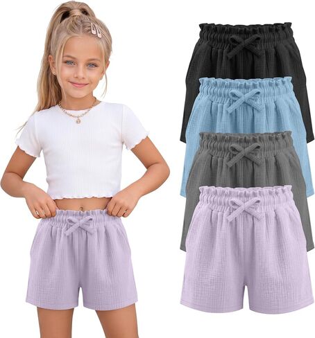 4 Pack Girls' Linen Cotton Shorts Ruffled Paperbag Waist Casual Elastic Summer Clothes with Pockets 5-14 Years in Kuwait