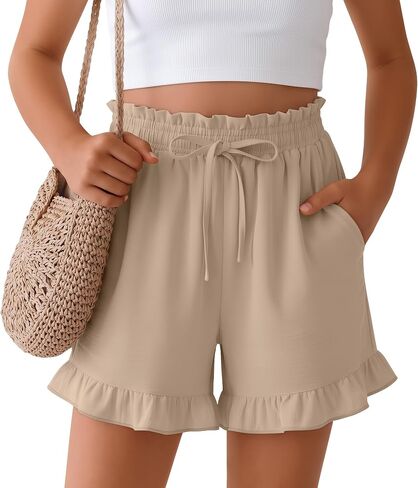 Yooo's Vivi Girls High Waist Shorts Ruffled Summer Shorts Kids Drawstring Casual Beach Loose Clothes with Pockets 5-14 Years in Kuwait