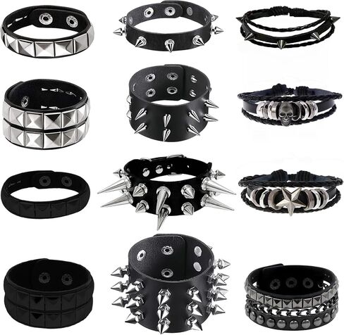 YMO 12 Pieces Spiked Bracelets, Studded Bracelet Emo Bracelets Black Leather Cuff Rivet Gothic Goth Punk Bracelet Punk Accessories for Women Men in Saudi Arabia