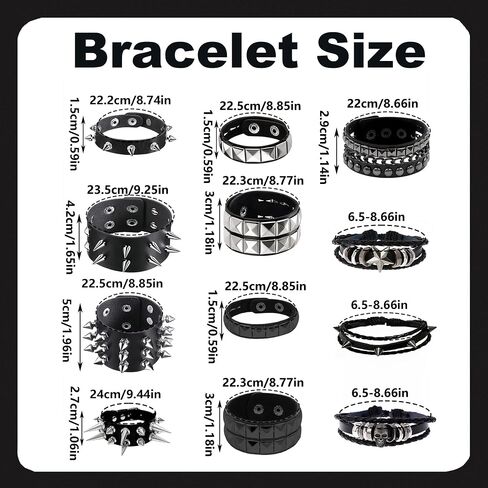 YMO 12 Pieces Spiked Bracelets, Studded Bracelet Emo Bracelets Black Leather Cuff Rivet Gothic Goth Punk Bracelet Punk Accessories for Women Men in Saudi Arabia