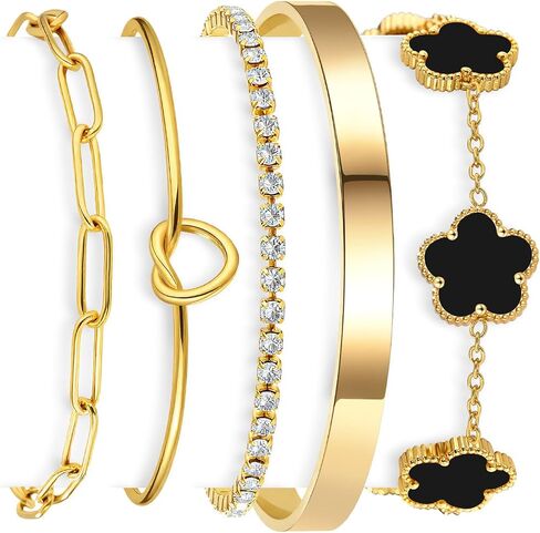 Stackable Gold Bracelet Set for Women, 18K Gold Plated Stainless Steel Non Tarnish Waterproof Bracelets, Adjustable Clover Paperclip Tennis Knot Bangle Set, Dainty Trendy Jewelry Gift for Her Mothers Day Mom Birthday in Saudi Arabia