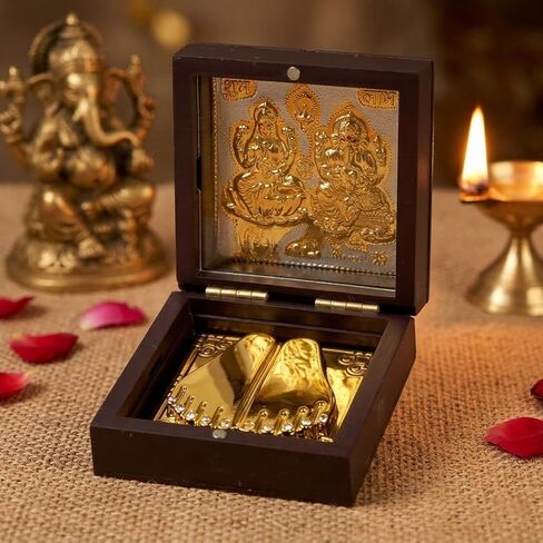 SATVIK - Small - Gold Plated Shree Lakshmi Ganesh Idol with Charan Paduka Photo Frame for Home Decor, Desk Display & Prayer Space | Gift for Housewarming, Diwali, Weddings & Special Occasions in Kuwait