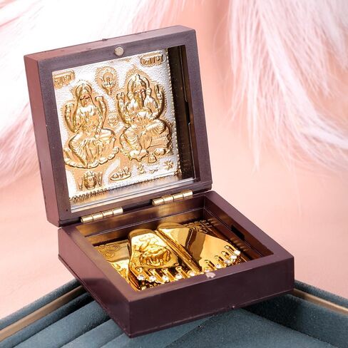 SATVIK - Small - Gold Plated Shree Lakshmi Ganesh Idol with Charan Paduka Photo Frame for Home Decor, Desk Display & Prayer Space | Gift for Housewarming, Diwali, Weddings & Special Occasions in Kuwait