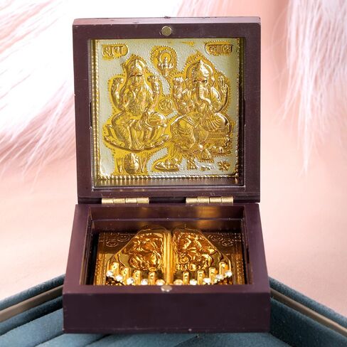 SATVIK - Small - Gold Plated Shree Lakshmi Ganesh Idol with Charan Paduka Photo Frame for Home Decor, Desk Display & Prayer Space | Gift for Housewarming, Diwali, Weddings & Special Occasions in Kuwait
