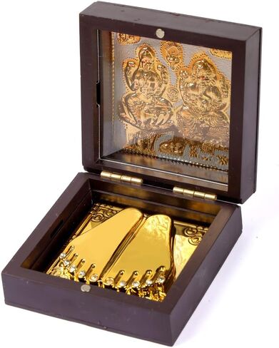 SATVIK - Small - Gold Plated Shree Lakshmi Ganesh Idol with Charan Paduka Photo Frame for Home Decor, Desk Display & Prayer Space | Gift for Housewarming, Diwali, Weddings & Special Occasions in Kuwait
