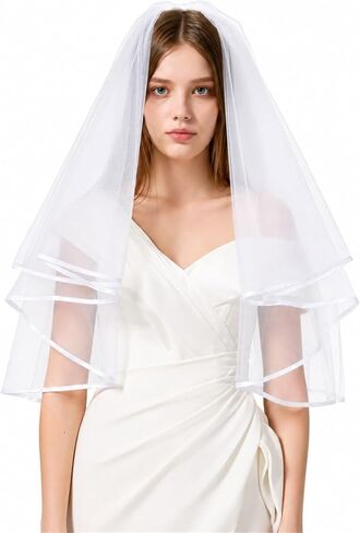 White Bridal Veil for Bride, 2 Tier Short Wedding Veil with Comb, Lightweight Satin Edge Tulle Veil for Bachelorette Party, Bridal Shower, Wedding Photos in Saudi Arabia