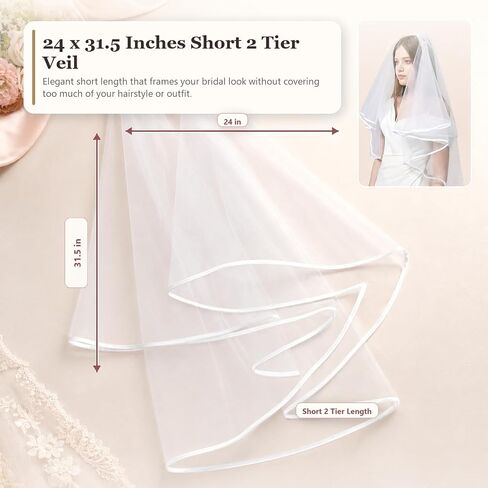 White Bridal Veil for Bride, 2 Tier Short Wedding Veil with Comb, Lightweight Satin Edge Tulle Veil for Bachelorette Party, Bridal Shower, Wedding Photos in Saudi Arabia