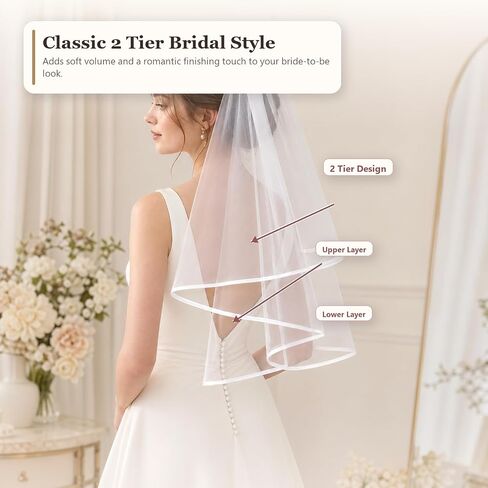 White Bridal Veil for Bride, 2 Tier Short Wedding Veil with Comb, Lightweight Satin Edge Tulle Veil for Bachelorette Party, Bridal Shower, Wedding Photos in Saudi Arabia
