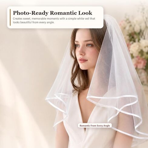 White Bridal Veil for Bride, 2 Tier Short Wedding Veil with Comb, Lightweight Satin Edge Tulle Veil for Bachelorette Party, Bridal Shower, Wedding Photos in Saudi Arabia