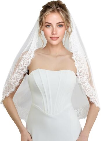AierHui0i Lightweight Wedding Veil with Delicate Lace Bridal Veil, Soft Flowing Tulle & Metal Comb for Bride, Ivory or White in Saudi Arabia