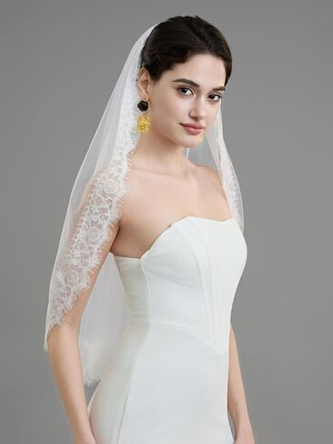 AierHui0i Lightweight Wedding Veil with Delicate Lace Bridal Veil, Soft Flowing Tulle & Metal Comb for Bride, Ivory or White in Saudi Arabia