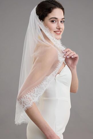 AierHui0i Lightweight Wedding Veil with Delicate Lace Bridal Veil, Soft Flowing Tulle & Metal Comb for Bride, Ivory or White in Saudi Arabia