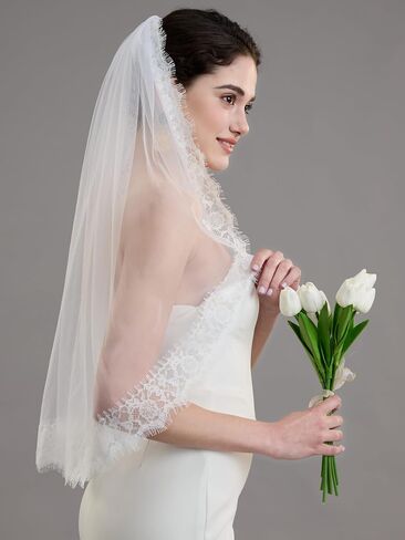 AierHui0i Lightweight Wedding Veil with Delicate Lace Bridal Veil, Soft Flowing Tulle & Metal Comb for Bride, Ivory or White in Saudi Arabia