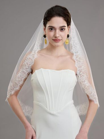 AierHui0i Lightweight Wedding Veil with Delicate Lace Bridal Veil, Soft Flowing Tulle & Metal Comb for Bride, Ivory or White in Saudi Arabia