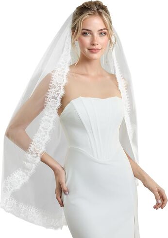 AierHui0i Lightweight Wedding Veil with Delicate Lace Bridal Veil, Soft Flowing Tulle & Metal Comb for Bride, Ivory or White in Saudi Arabia