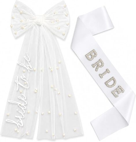 Bride to Be Veil and Sash Set, Pearl Bachelorette Veil with Bow White Satin Bride Sash, Bachelorette Party Decorations Bridal Shower Gift in Saudi Arabia