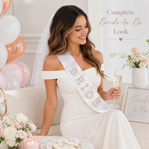 Bride to Be Veil and Sash Set, Pearl Bachelorette Veil with Bow White Satin Bride Sash, Bachelorette Party Decorations Bridal Shower Gift in Saudi Arabia