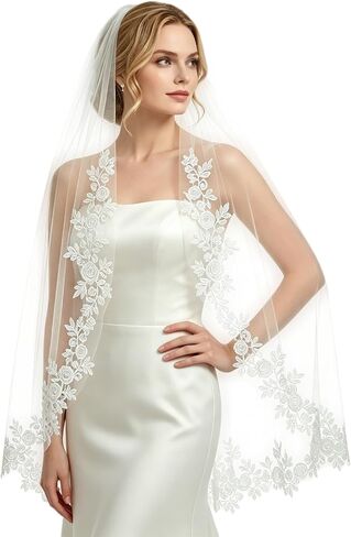 Lace Bridal Veil, 1 Tier Fingertip Length Floral Edge Wedding Veil with Metal Comb in Saudi Arabia