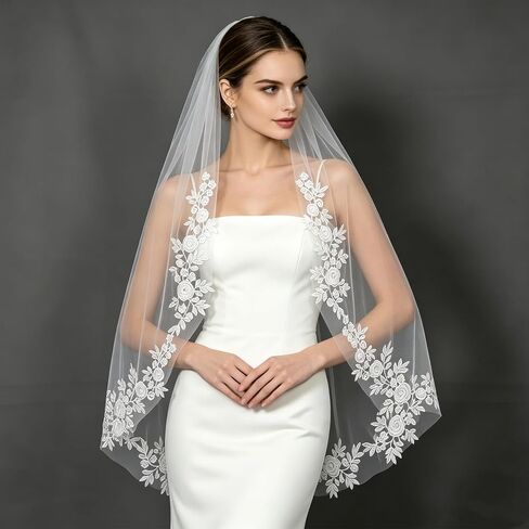 Lace Bridal Veil, 1 Tier Fingertip Length Floral Edge Wedding Veil with Metal Comb in Saudi Arabia