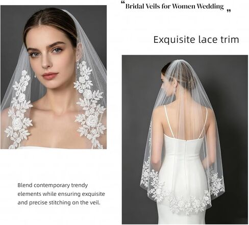 Lace Bridal Veil, 1 Tier Fingertip Length Floral Edge Wedding Veil with Metal Comb in Saudi Arabia