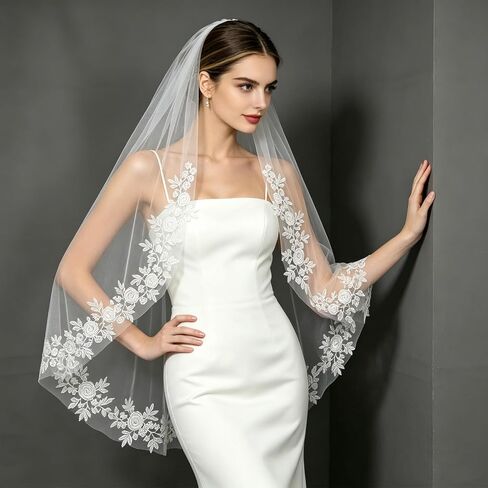 Lace Bridal Veil, 1 Tier Fingertip Length Floral Edge Wedding Veil with Metal Comb in Saudi Arabia
