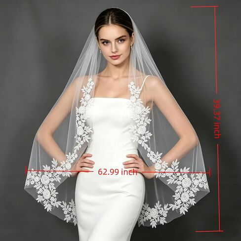Lace Bridal Veil, 1 Tier Fingertip Length Floral Edge Wedding Veil with Metal Comb in Saudi Arabia