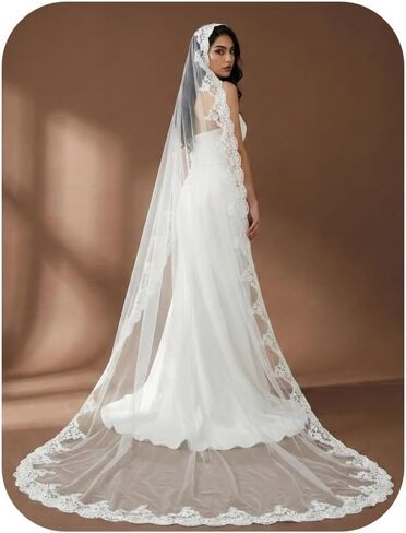 Cathedral Mantilla Lace Applique Veil Classic Bridal Veil 1-Layer Wedding Accessory Ivory in Kuwait