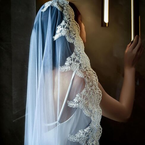 Cathedral Mantilla Lace Applique Veil Classic Bridal Veil 1-Layer Wedding Accessory Ivory in Kuwait