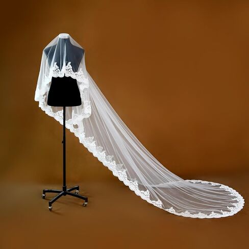 Cathedral Mantilla Lace Applique Veil Classic Bridal Veil 1-Layer Wedding Accessory Ivory in Kuwait