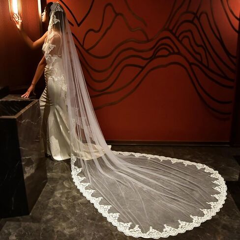 Cathedral Mantilla Lace Applique Veil Classic Bridal Veil 1-Layer Wedding Accessory Ivory in Kuwait