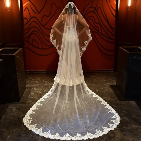 Cathedral Mantilla Lace Applique Veil Classic Bridal Veil 1-Layer Wedding Accessory Ivory in Kuwait