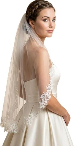 White Wedding Bridal Veil with Metal Comb, 1 Tier Floral Edge Bridal Tulle Veil, Lace Bride Wedding Veil for Bachelorette Party Bridal Shower Flower Girl in Kuwait