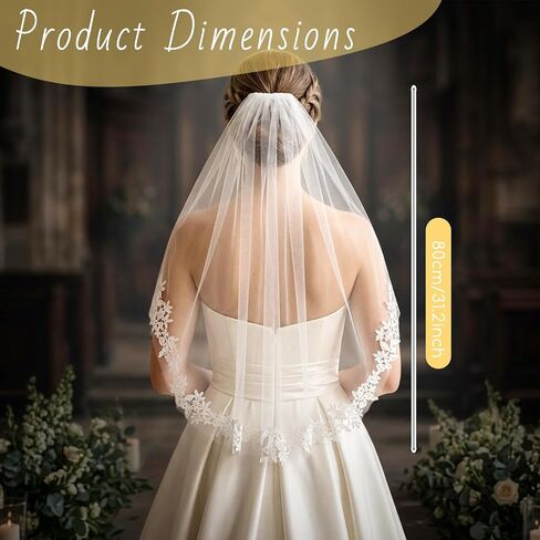 White Wedding Bridal Veil with Metal Comb, 1 Tier Floral Edge Bridal Tulle Veil, Lace Bride Wedding Veil for Bachelorette Party Bridal Shower Flower Girl in Kuwait