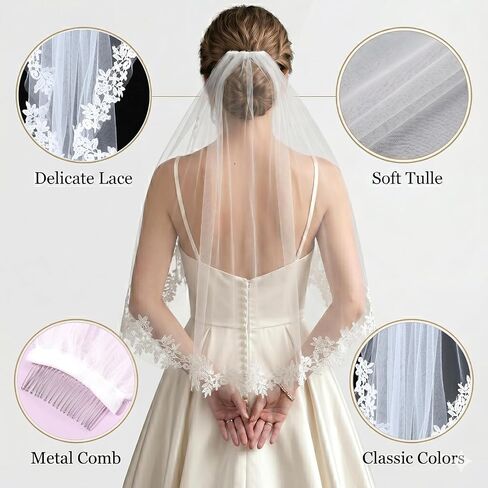White Wedding Bridal Veil with Metal Comb, 1 Tier Floral Edge Bridal Tulle Veil, Lace Bride Wedding Veil for Bachelorette Party Bridal Shower Flower Girl in Kuwait