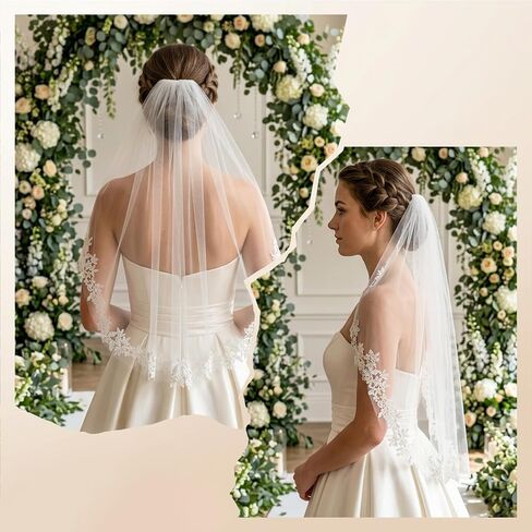 White Wedding Bridal Veil with Metal Comb, 1 Tier Floral Edge Bridal Tulle Veil, Lace Bride Wedding Veil for Bachelorette Party Bridal Shower Flower Girl in Kuwait