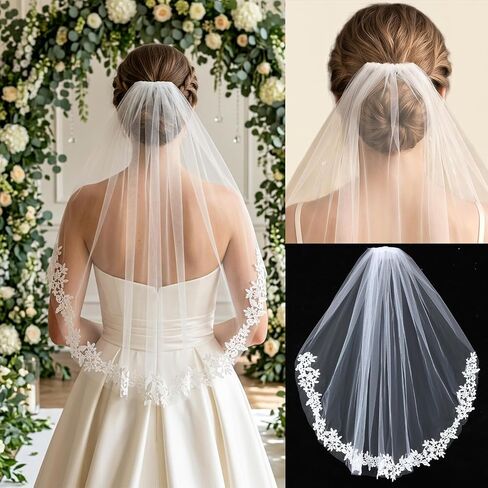 White Wedding Bridal Veil with Metal Comb, 1 Tier Floral Edge Bridal Tulle Veil, Lace Bride Wedding Veil for Bachelorette Party Bridal Shower Flower Girl in Kuwait