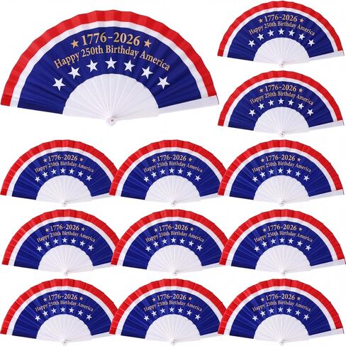 SiliFine 12pcs 250th Anniversary Patriotic Hand Fans 4th of July American Flag Folding Fabric Fans for USA Independence Day Parade 250 Years Birthday Anniversary Red White and Blue July 4 Party Favors in Kuwait