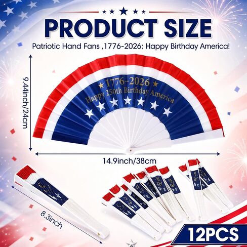 SiliFine 12pcs 250th Anniversary Patriotic Hand Fans 4th of July American Flag Folding Fabric Fans for USA Independence Day Parade 250 Years Birthday Anniversary Red White and Blue July 4 Party Favors in Kuwait