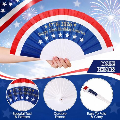 SiliFine 12pcs 250th Anniversary Patriotic Hand Fans 4th of July American Flag Folding Fabric Fans for USA Independence Day Parade 250 Years Birthday Anniversary Red White and Blue July 4 Party Favors in Kuwait