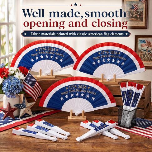 SiliFine 12pcs 250th Anniversary Patriotic Hand Fans 4th of July American Flag Folding Fabric Fans for USA Independence Day Parade 250 Years Birthday Anniversary Red White and Blue July 4 Party Favors in Kuwait