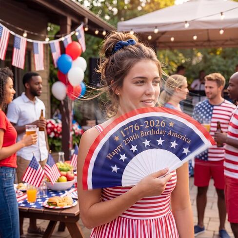 SiliFine 12pcs 250th Anniversary Patriotic Hand Fans 4th of July American Flag Folding Fabric Fans for USA Independence Day Parade 250 Years Birthday Anniversary Red White and Blue July 4 Party Favors in Kuwait