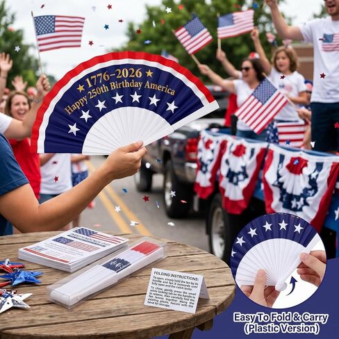 SiliFine 12pcs 250th Anniversary Patriotic Hand Fans 4th of July American Flag Folding Fabric Fans for USA Independence Day Parade 250 Years Birthday Anniversary Red White and Blue July 4 Party Favors in Kuwait