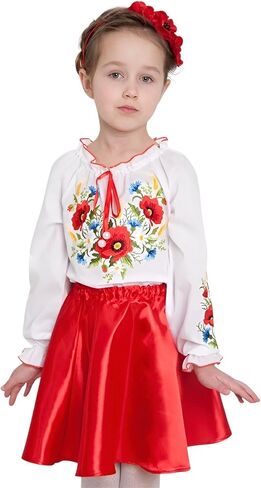 Skrynia Girls' White Embroidered Blouse Red Poppy Floral Vyshyvanka Long Sleeve Ruffled Neckline Toddler & Teen Top in Saudi Arabia