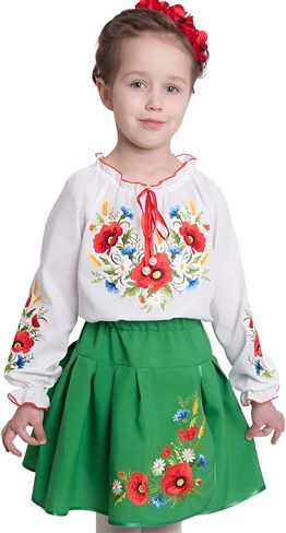 Skrynia Girls' White Embroidered Blouse Red Poppy Floral Vyshyvanka Long Sleeve Ruffled Neckline Toddler & Teen Top in Saudi Arabia